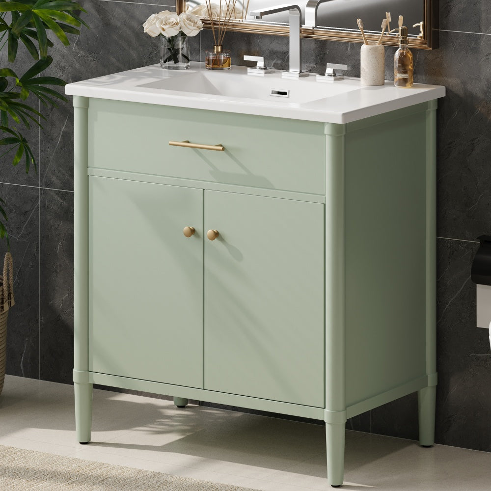 30" Modern Bathroom Vanity with Ceramic Sink, Bathroom Vanity Cabinet with Tempered Blurred Glass and Matte Black Handles, Equipped with Large Storage Space and Rubber Wood Frame, White