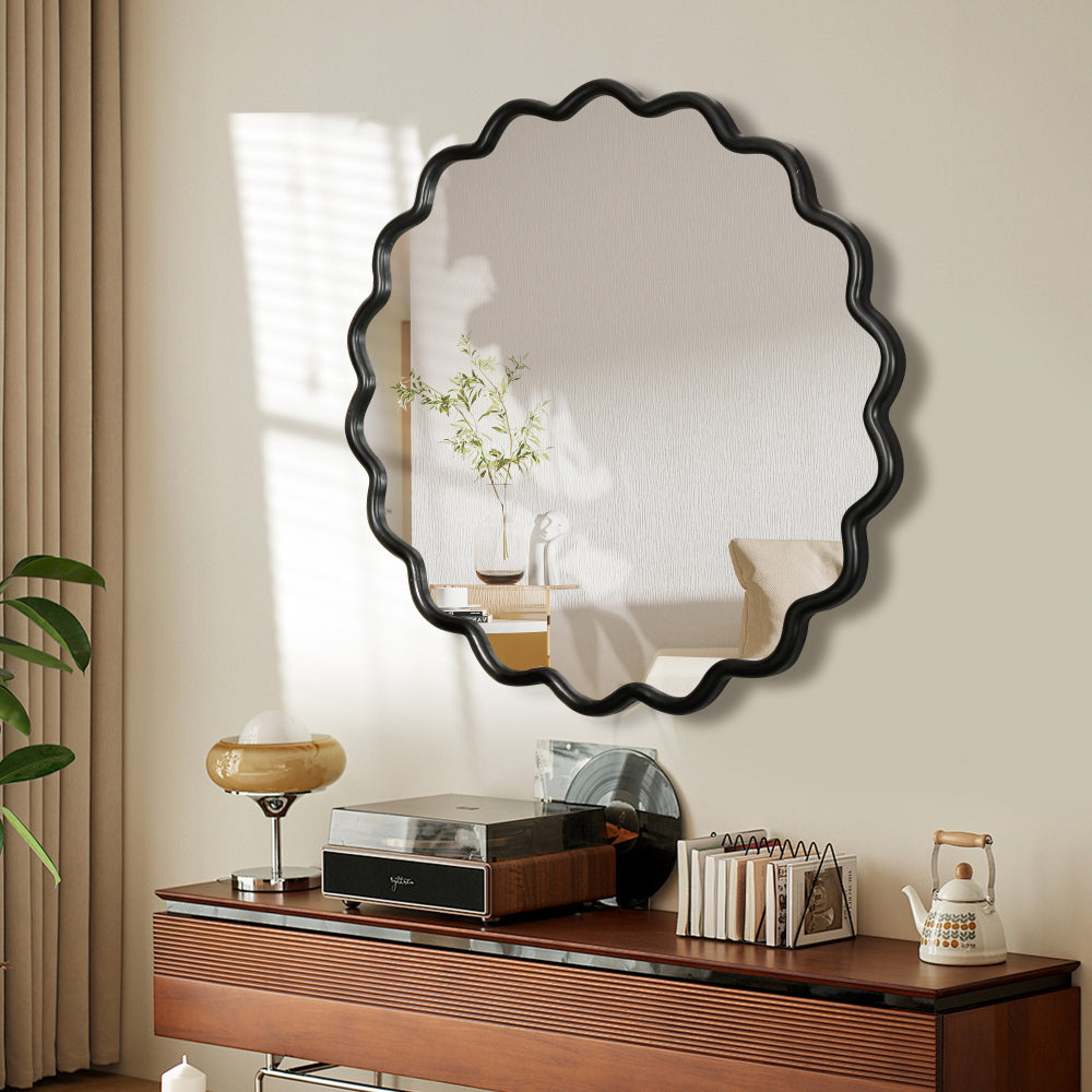Solid Wood Wavy Mirror-Black Vanity Mirror Wall Decor 42" x 42" Modern Mirror Wall Decor for Bathroom, Bedroom, Living Room, Dining Room, Cloakroom, Entryway