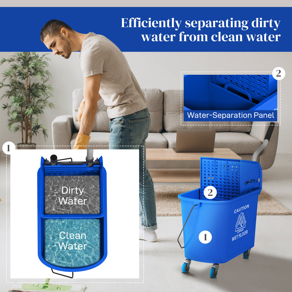 HOMCOM Mop Bucket with Wringer on Wheels for Floor Cleaning, 21 Quart, Separate Dirty and Clean Water, Blue