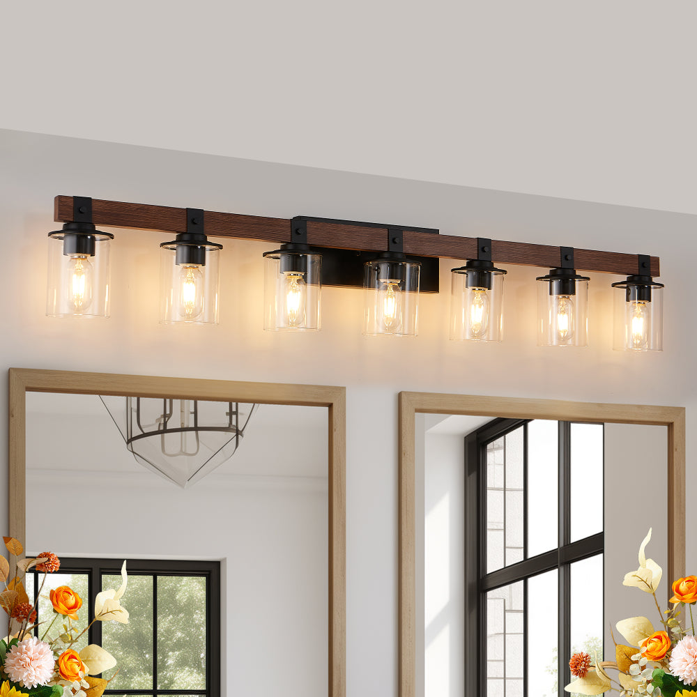 (Same as W1340119955/L1015) 19" Rustic 3-Light Vanity Light, Industrial Bathroom Wall Sconce with Glass Shades and Wood Accent, Modern Farmhouse Lighting Fixture (No Bulbs)