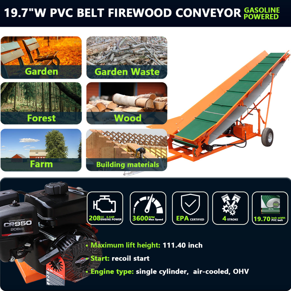 Firewood Conveyor 6.5HP 208cc Gasoline Powered 19.7" Width PVC Belt Wood Conveyor Lifter Elevator with B&S Engine