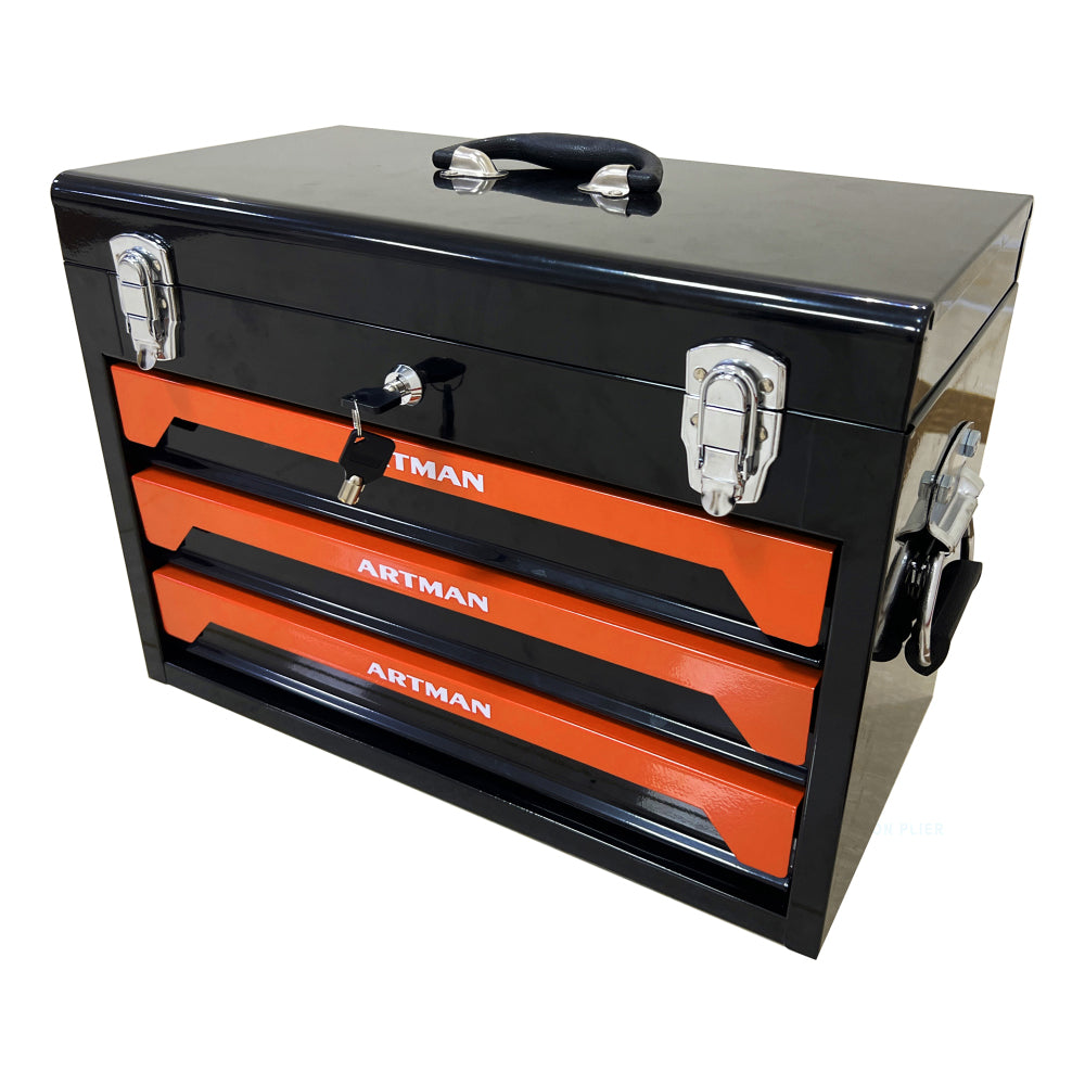 20'' Portable 3-Drawer Steel Toolbox, 4 Layers of Tools with Metal Latches, with Top Storage Tray and carrying Handle, Multi-Function Tool Storage for Garage, Home, or Workbench ,Black&Orange