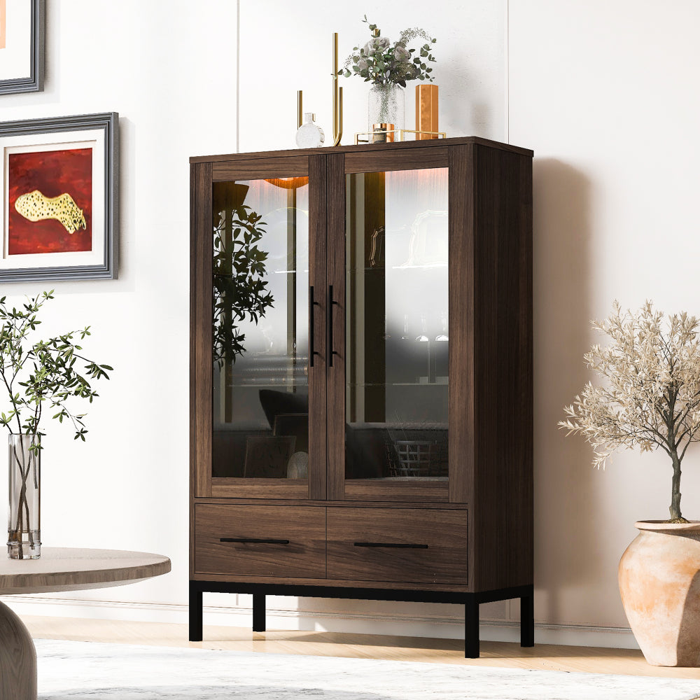 60'' Tall Display Cabinet with 2 Storage Drawers, Pantry with Glass Door & LED Lighting, Farmhouse Storage Cabinet with 4-Tier Adjustable Glass Shelves for Living Room, Hallway, Office, Study - Walnut