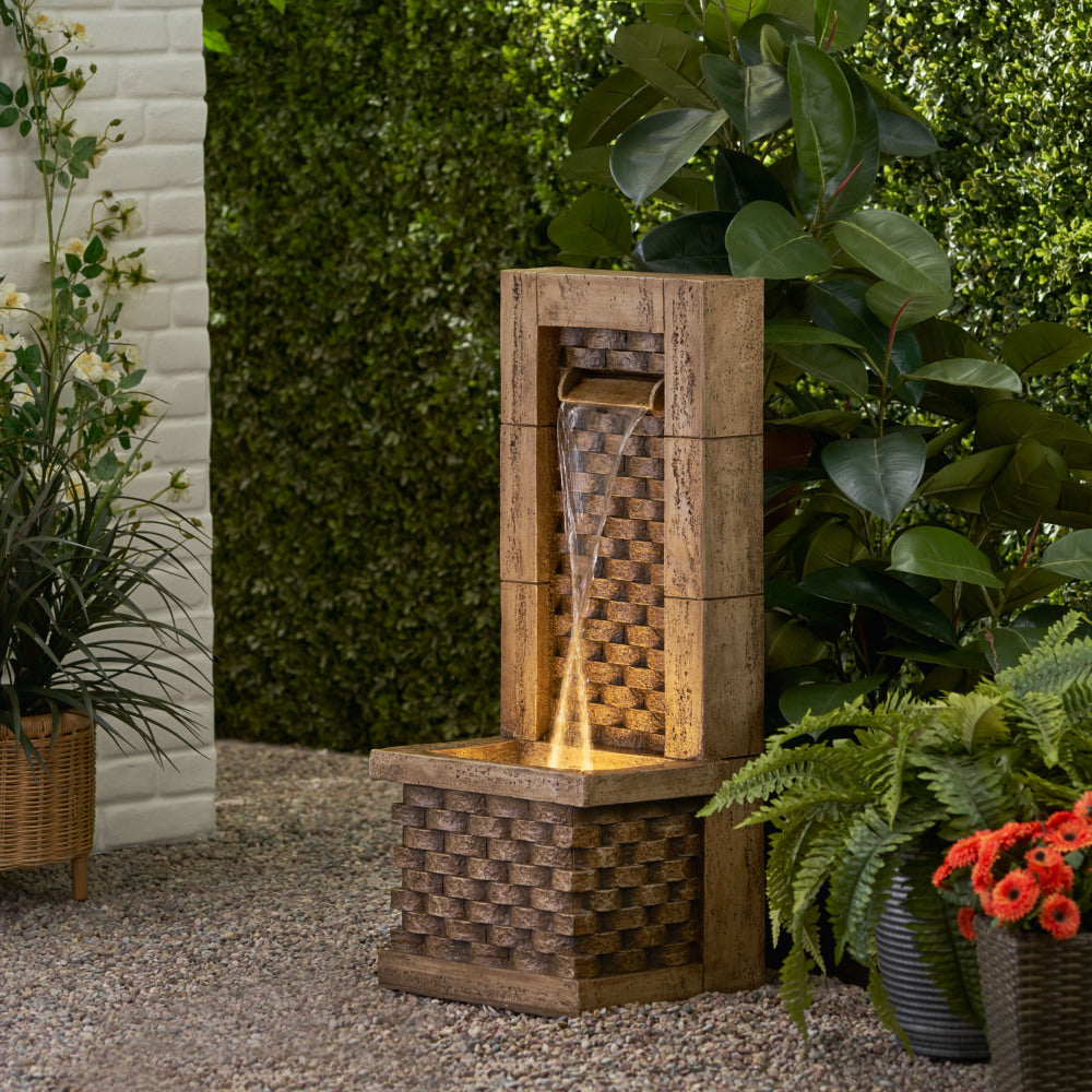 35.25" High Hand Crafted Weather Resistant Floor Fountain with Light, Light Brown