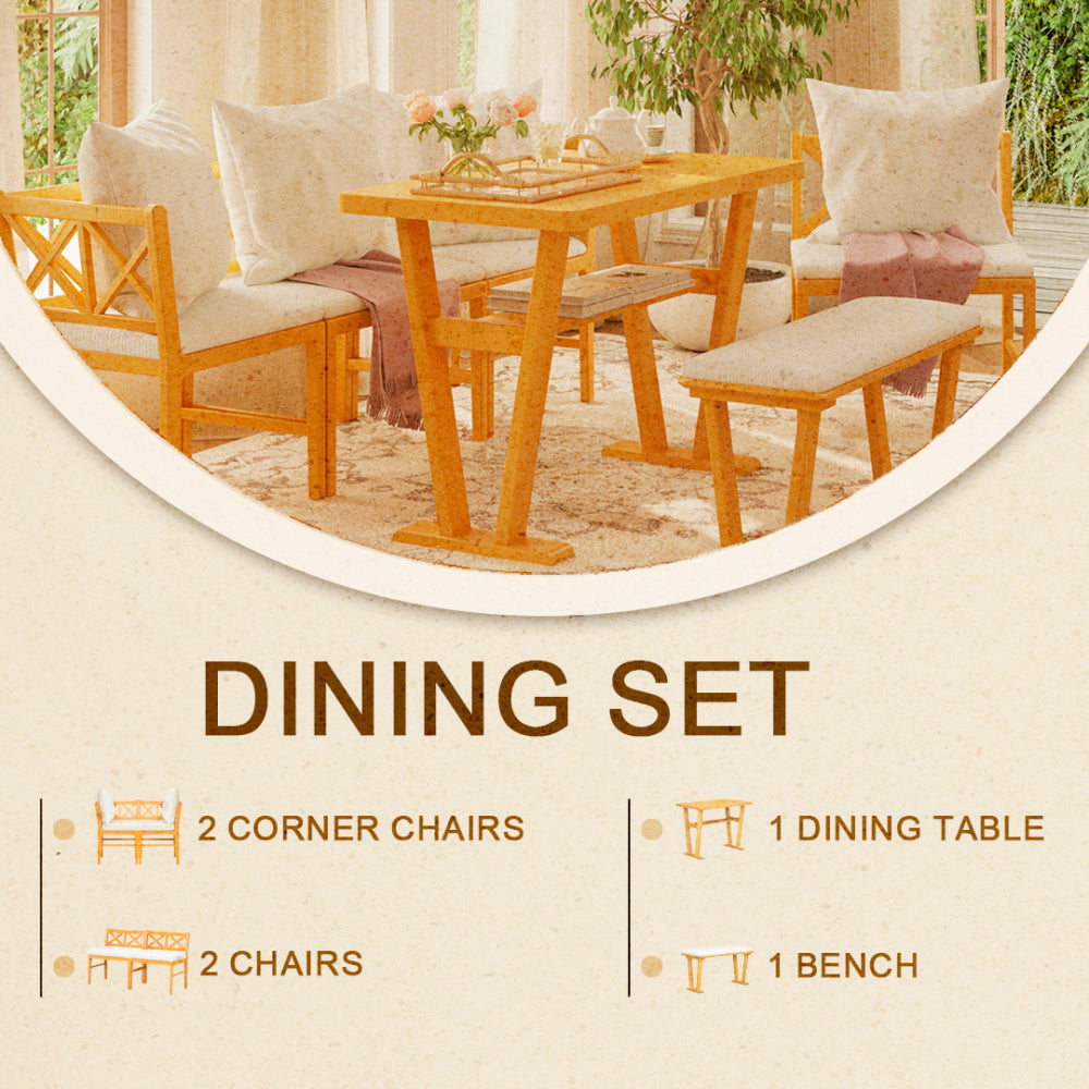 Small Farmhouse Solid Wood Kitchen Nook Dining Room Breakfast Nook Table Set for 6, Space Saving High Top Corner Dining Table with Bench and Chairs (6 Piece)