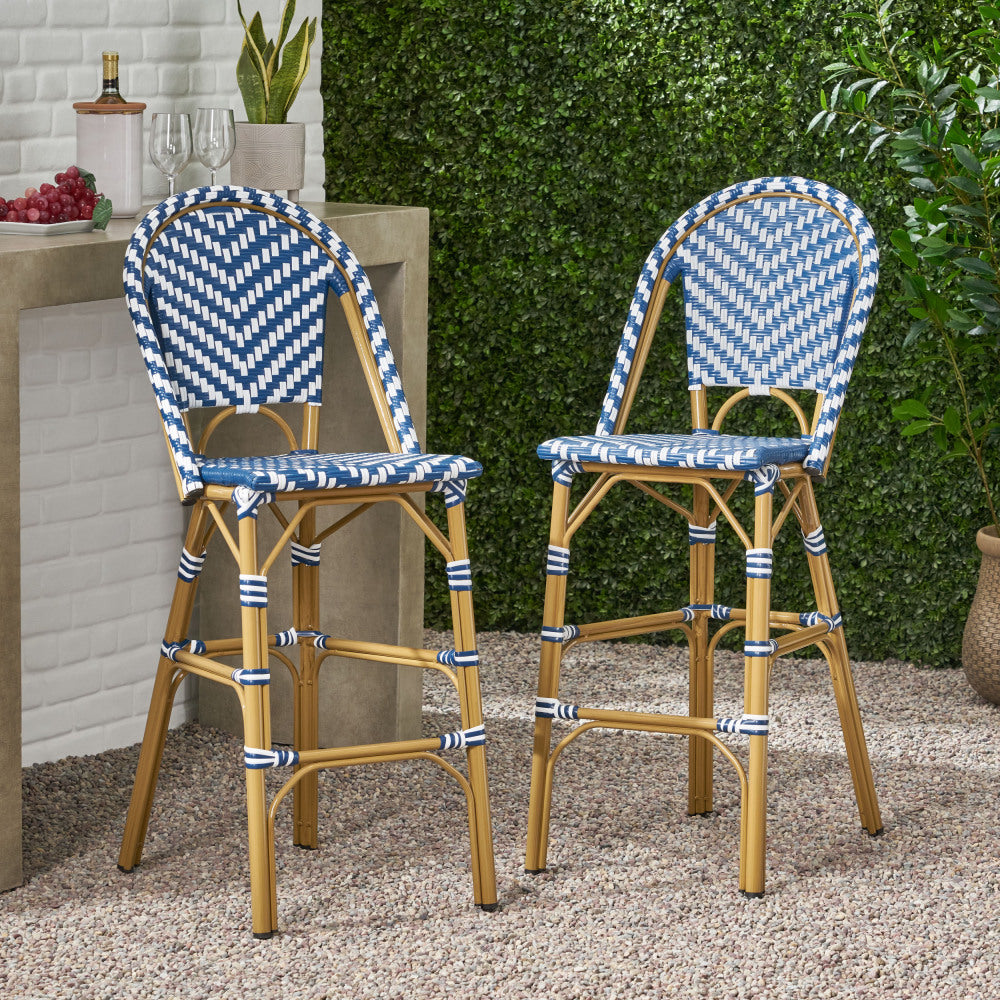 29.5" Outdoor PE Rattan French Barstool, Rust Red and White, Aluminum Frame with Bamboo Finish (Set of 2)