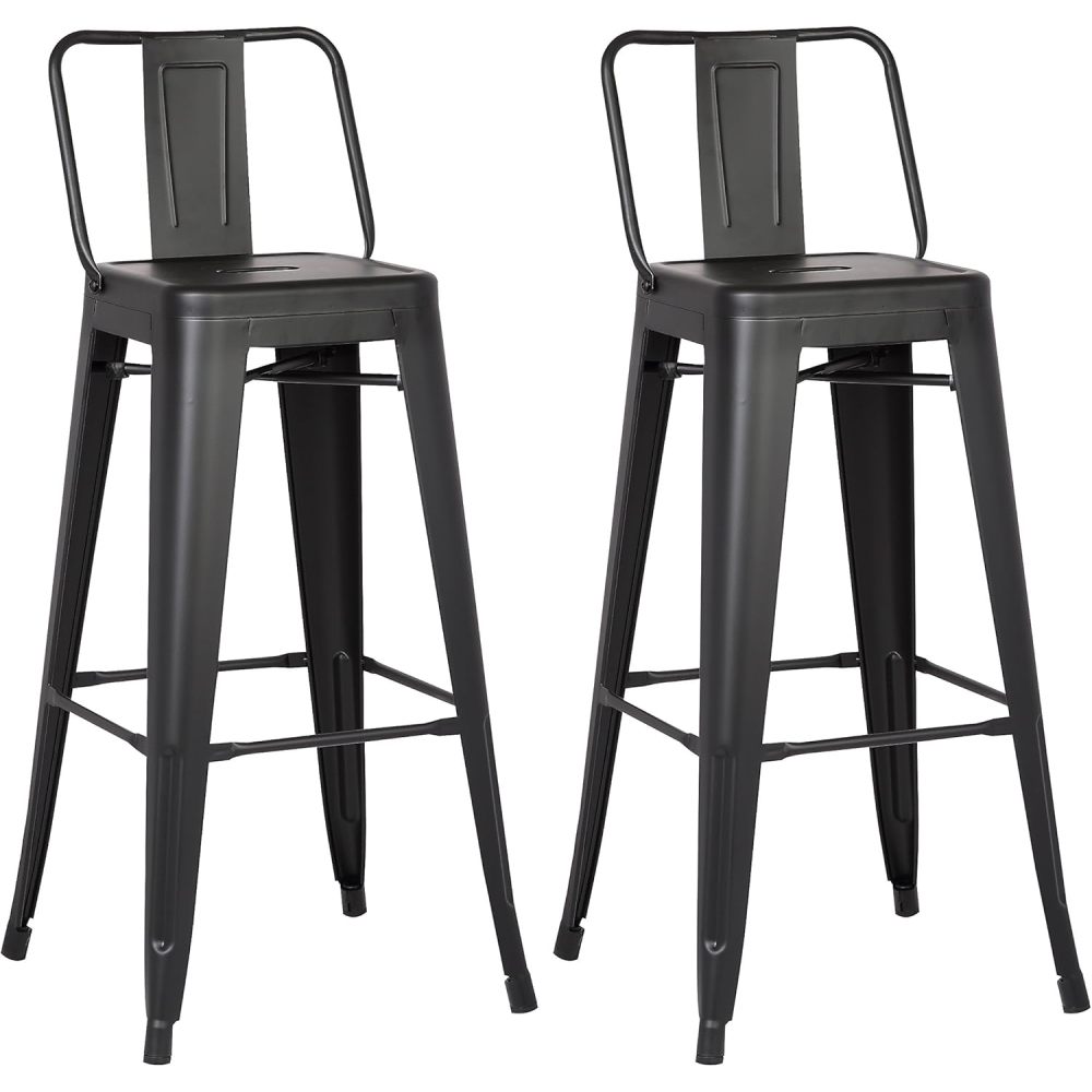 Modern Light Weight Industrial Contemporary Rustic Vintage Costal Metal Barstools with Bucket Back and 4 Leg Design, Seat Bar Stools (Set of 2) (30" Seat, Matte Black)
