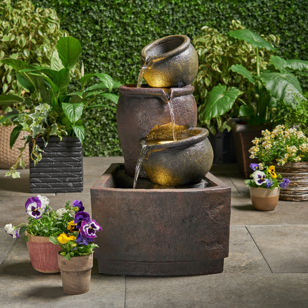 30.75" High 3-Tier Outdoor Fountain, Weather Resistant Floor Fountain with Light, Rustic Light Brown
