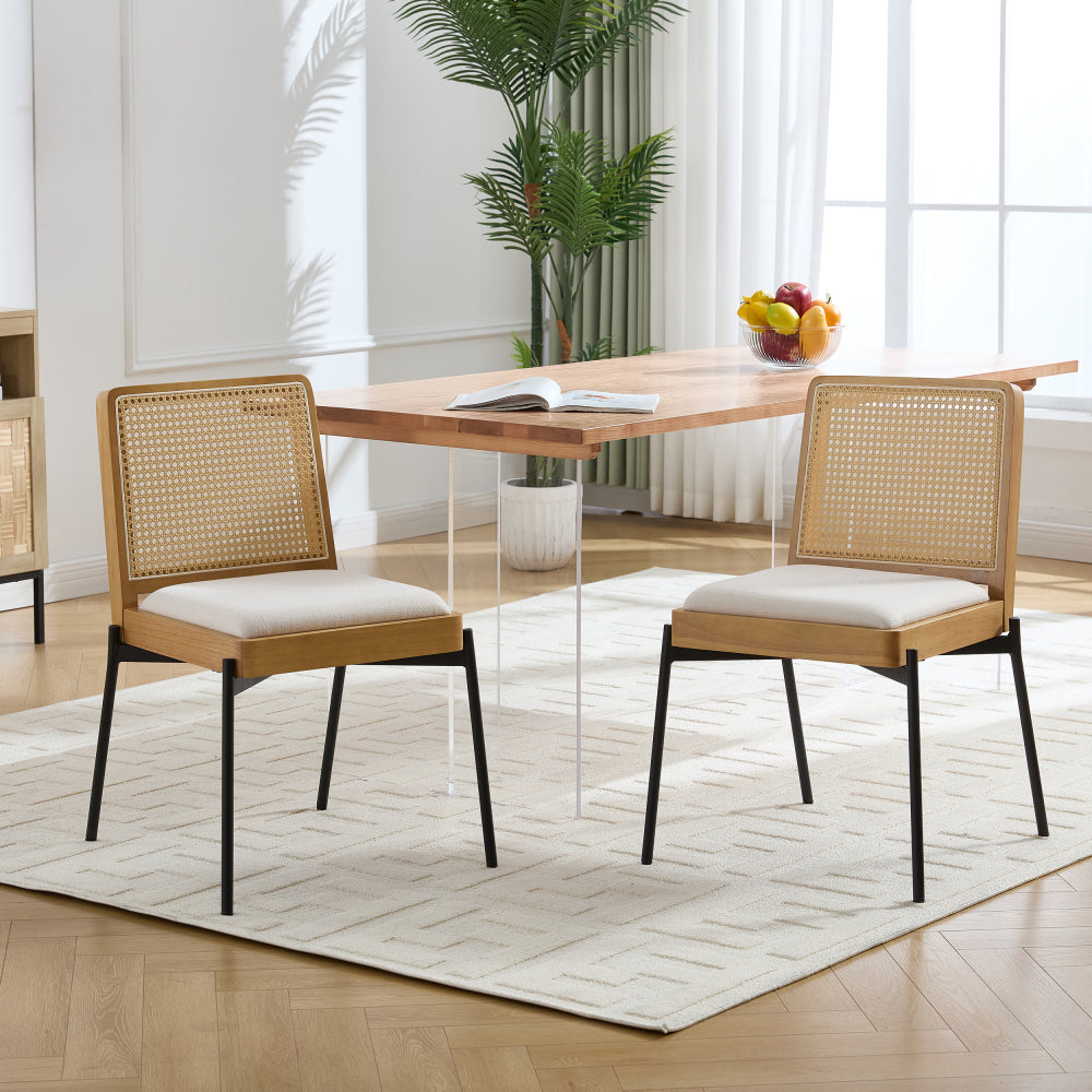 Mid-Century Dining Chairs Set of 2, Accent Linen Fabric Side Chairs with Rattan Backrest Metal Legs Kitchen Chairs for Dining Room Living Room