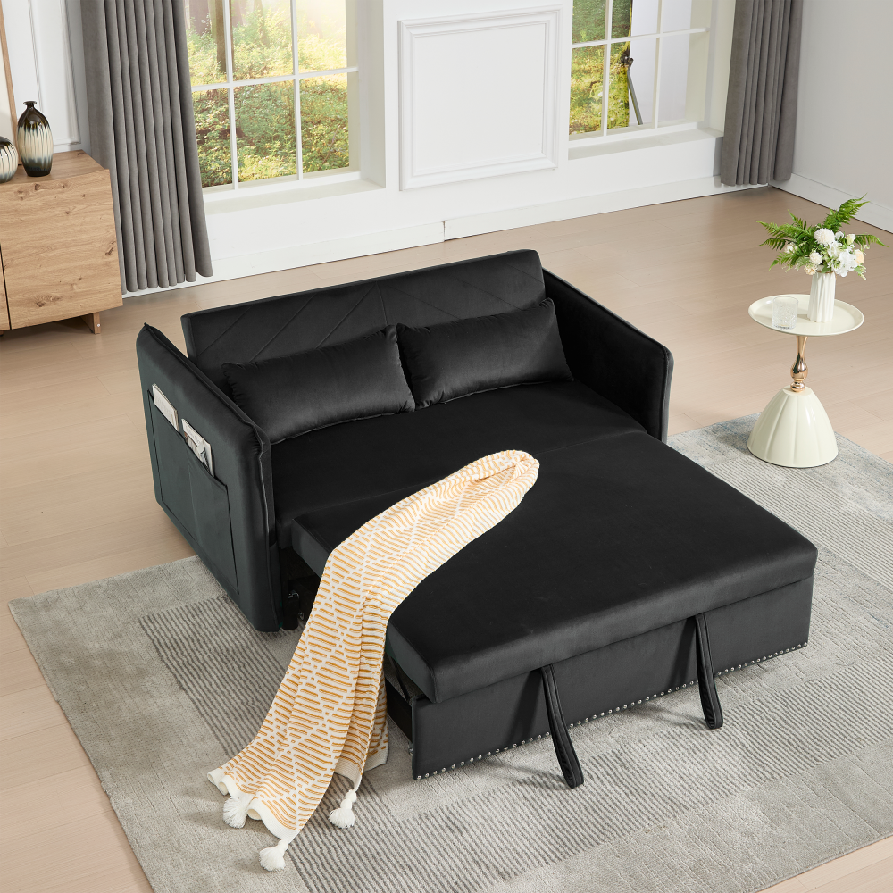 3 in 1 Convertible Sleeper Futon Sofa Bed, 55" Velvet Small Loveseat Lounge Couches with 2 Pillows, Reclining Backrest,Side Pockets for Living Room, Pull-Out Couch