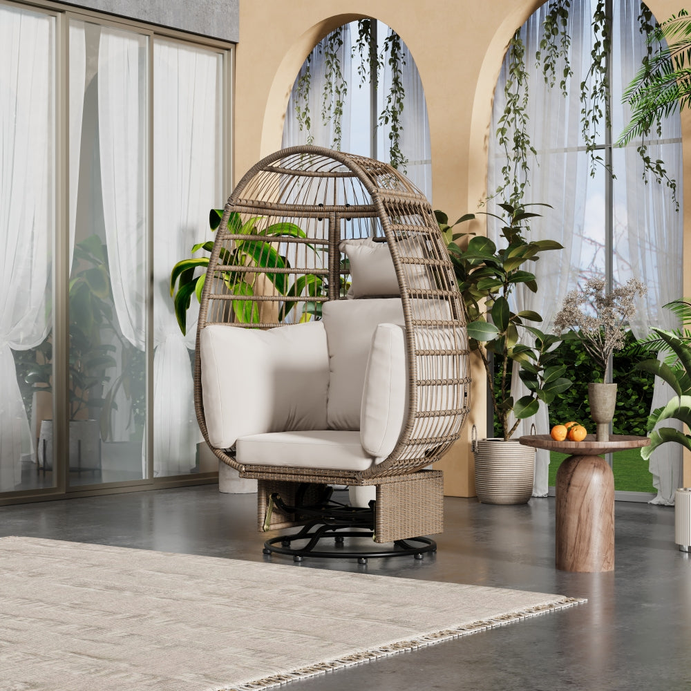TREXM Outdoor Swivel Chair with Cushions, Rattan Egg Patio Chair with Rocking Function for Balcony, Poolside and Garden (Natural Wicker + Beige Cushion)