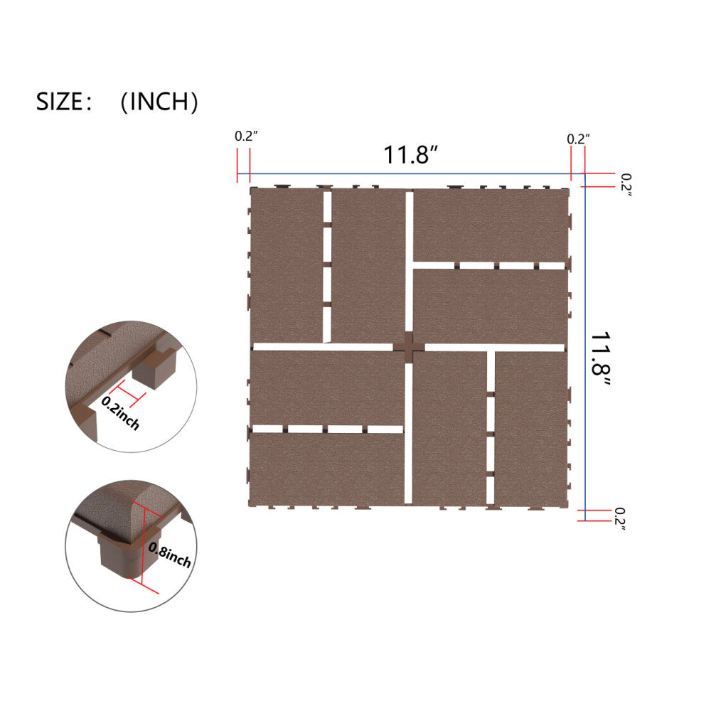 Plastic Interlocking Deck Tiles,44 Pack Patio Deck Tiles,12"x12" Square Waterproof Outdoor All Weather Use, Patio Decking Tiles for Poolside Balcony Backyard, Brown