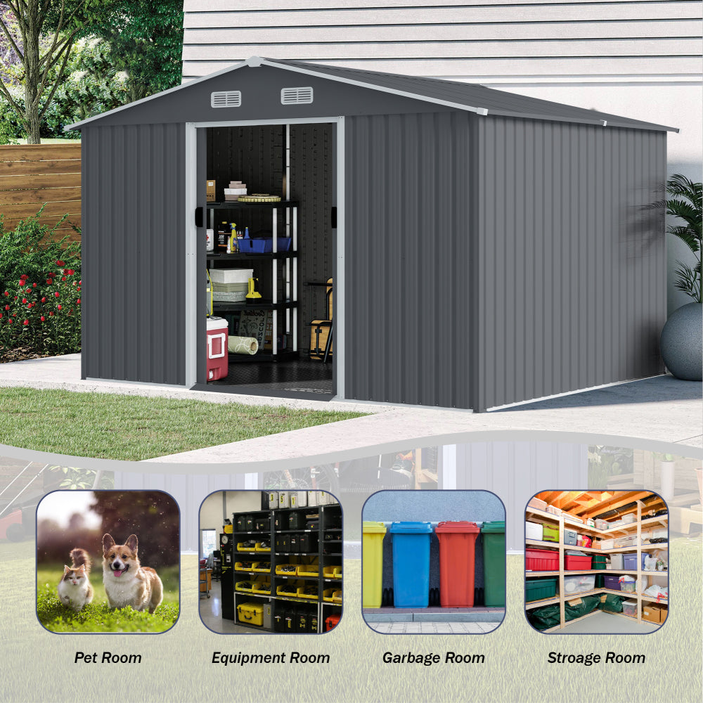 Outdoor Storage Shed 8 x 10 FT Large Metal Tool Sheds, Heavy Duty Storage House with Sliding Doors with Air Vent for Backyard Patio Lawn to Store Bikes, Tools, Lawnmowers Grey