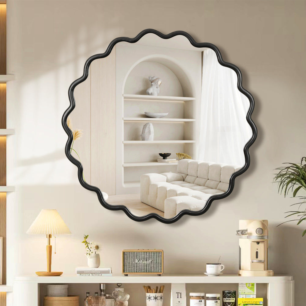 Solid Wood Wavy Mirror-Black Vanity Mirror Wall Decor 42" x 42" Modern Mirror Wall Decor for Bathroom, Bedroom, Living Room, Dining Room, Cloakroom, Entryway