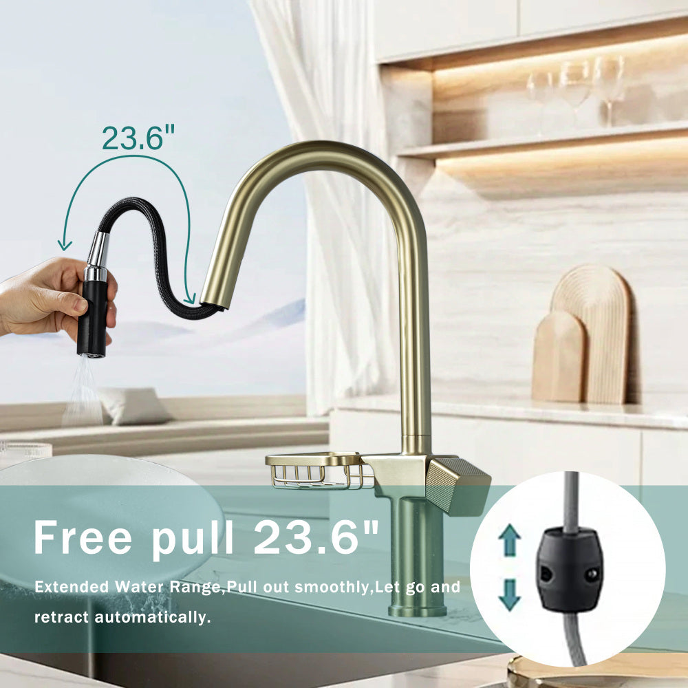 High Arc Pull-Down Kitchen Faucet - Single Hole Stainless Steel, Modern Sink Faucet (Brushed Gold)