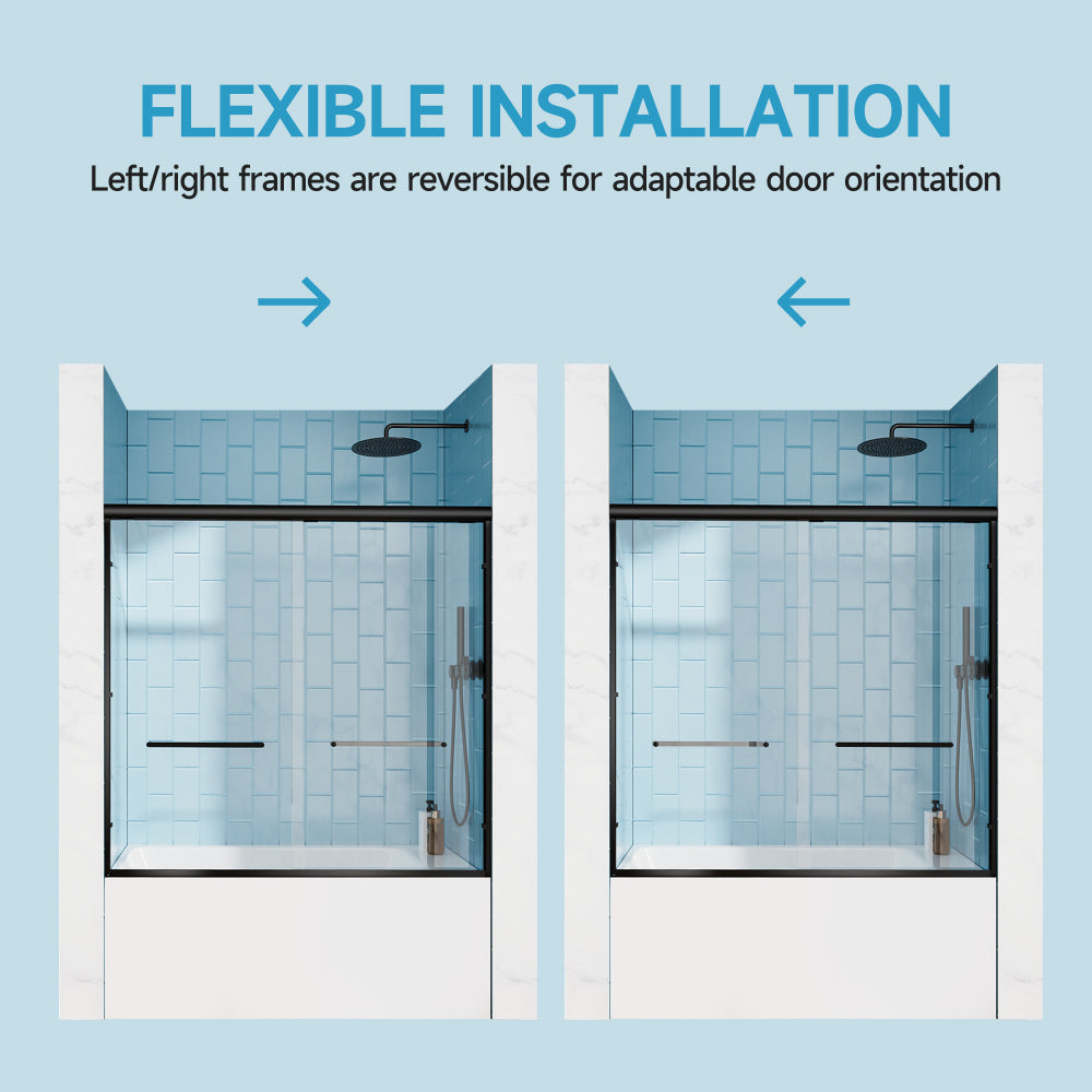 60" W x 57" H Aluminum Frame Double Sliding Shower Door, Soft-Close Matte Black Bathtub Door, 1/4" (6mm) Clear Nano-Coated Tempered Glass, Dual Stainless Steel Handles