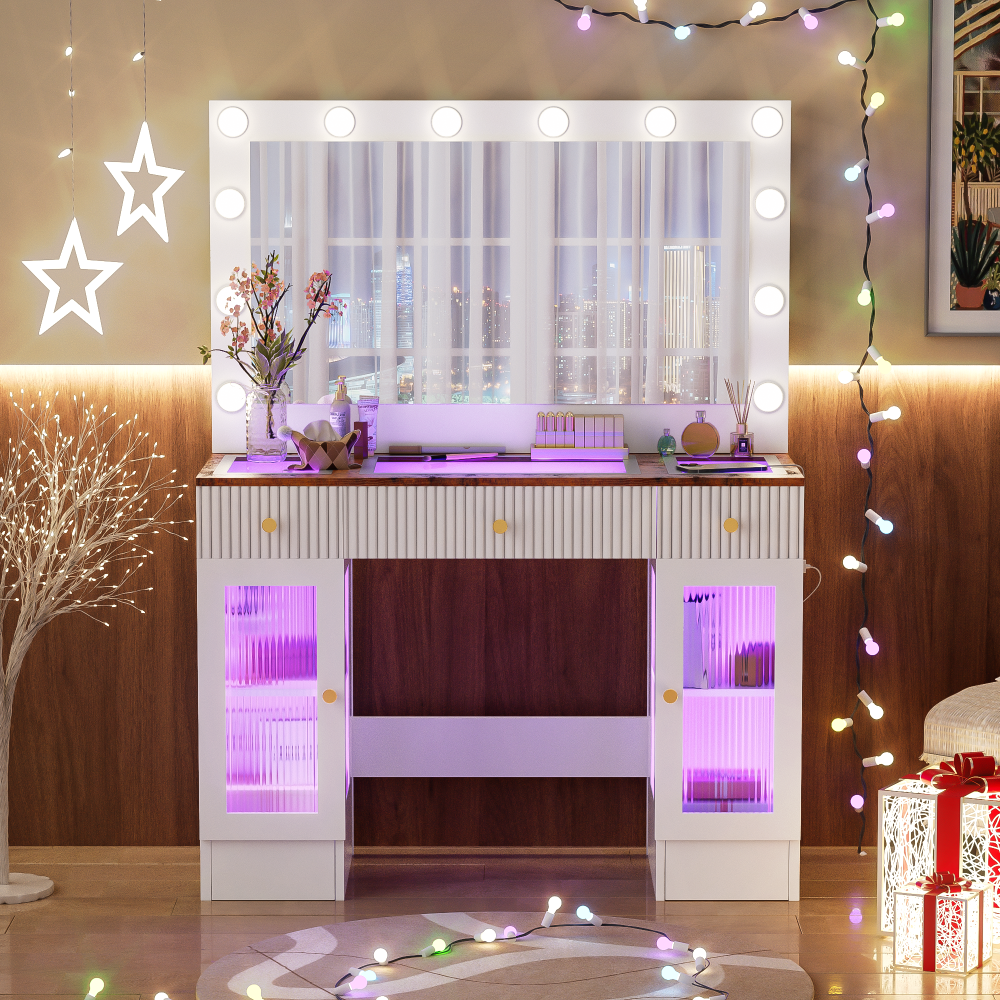 43.3" Vanity Desk with Large Mirror and Hollywood Bulbs, Modern Glass Top Makeup Vanity with Drawers and Power Outlet, Large Dressing Table with 3 Color Lighting Modes & RGB Cabinets for Bedroom