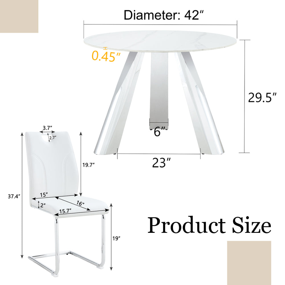 Table and chair set.A 42-inch stainless steel leg round table .Paired with 6 Uniquely designed White Dining Chairs With Silver Metal Leg.Sintered Stone Tabletop,Stainless Steels Table Legs.