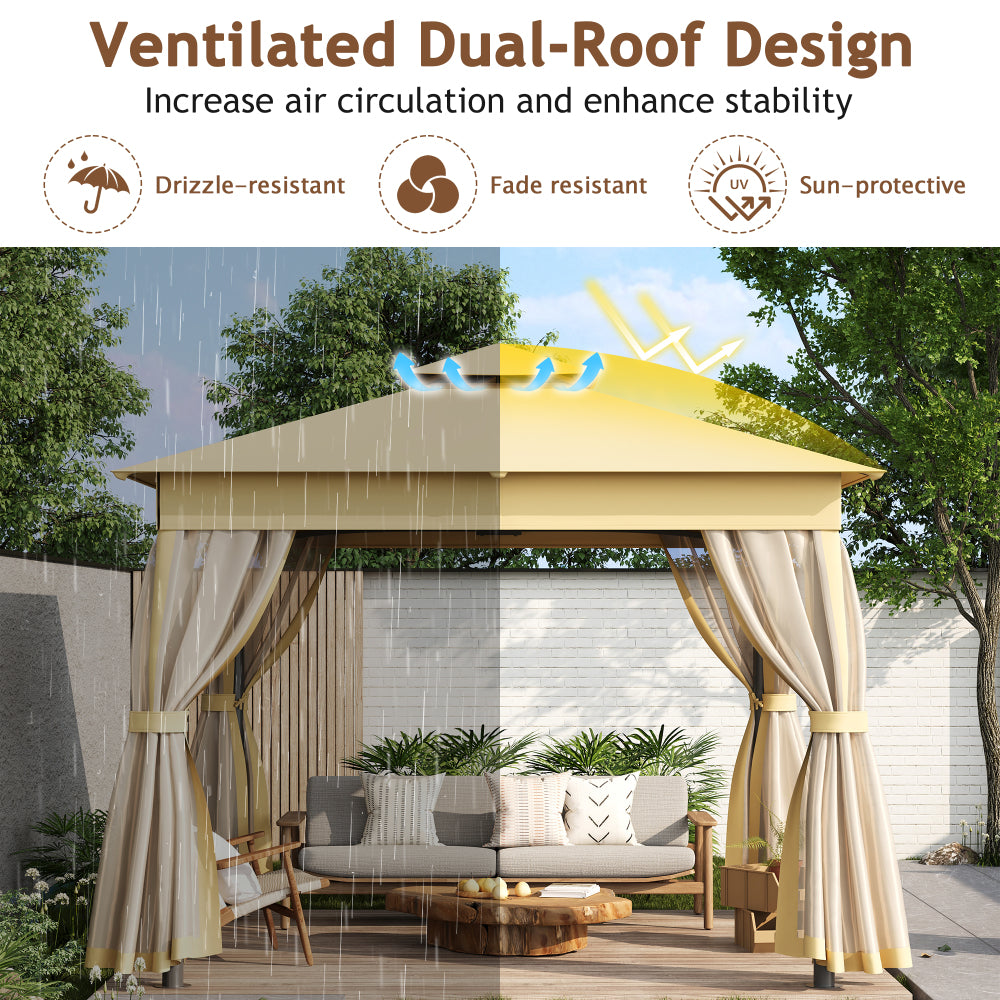 TREXM 10x10 Outdoor Gazebo Tent with Double Roofs, Patio Gazebo with Mosquito Netting, Patio Canopy for Backyard, Garden, Lawn and Deck (Beige)