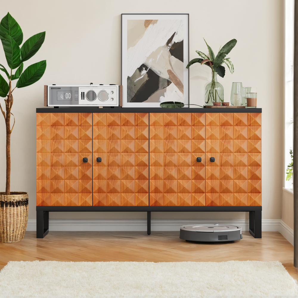 Modern Style Buffet Cabinet,Sideboard Buffet Cabinet With Storage,Storage Cabinet with 4 Diamond-shaped relief Doors For Living Room,Dining Room,Entryway,Hallway,Kitchen,Grey