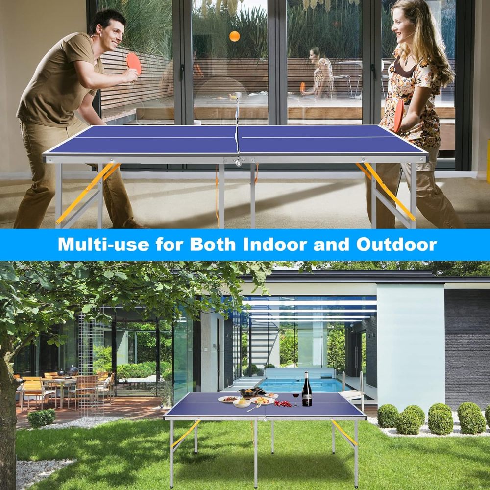DOUBLE FISH 6ft Mid-Size Blue Foldable Portable Ping Pong Table Indoor Outdoor Game Set with Net 2 Paddles 3 Balls