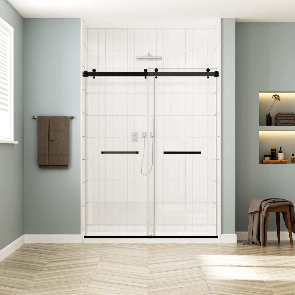 56-60 in. W x 76 in. H Sliding Frameless Soft-Close Shower Door with Premium 3/8 Inch (10mm) Thick Tampered Glass in Matte Black 03A42-6076
