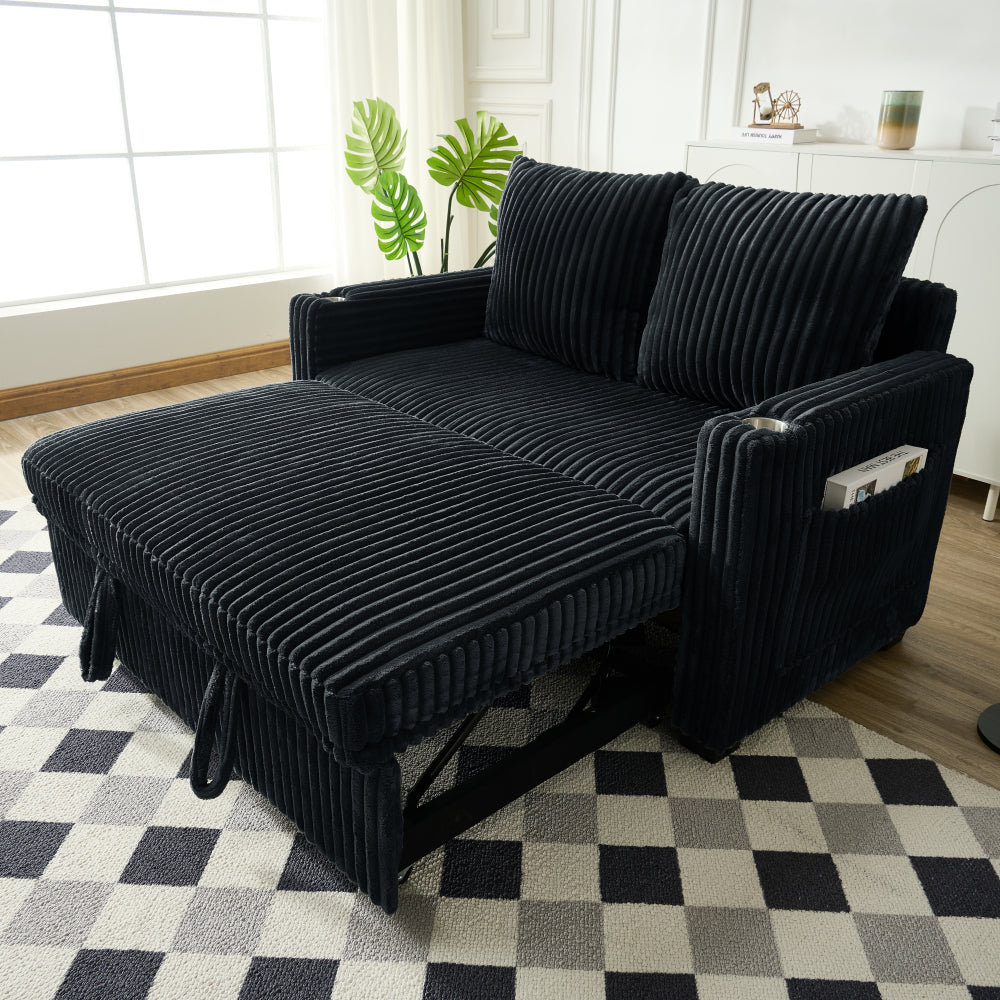 Sleeper Sofa Couch w/Pull Out Bed, Modern Corduroy Convertible Sleeper Sofa Bed, Small Love seat Sofa Bed w/Pillows & Side Pockets for Small Space, Living Room, Apartment,Black