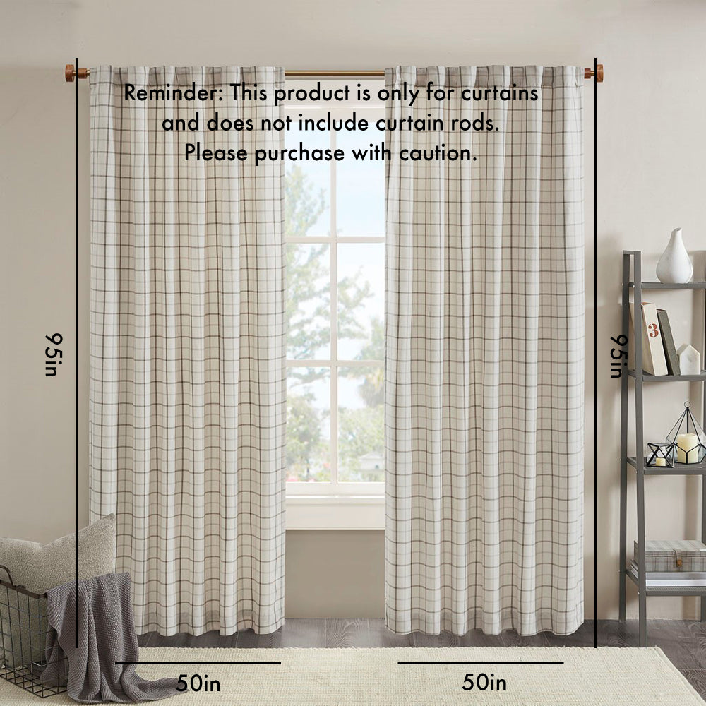 Plaid Rod Pocket and Back Tab Curtain Panel with Fleece Lining Natural 50x95"