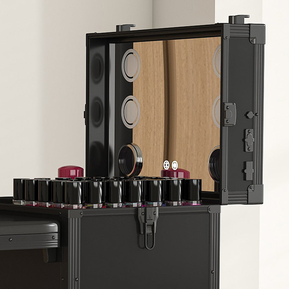 Portable Nail Art Table w/ LED Mirror, Bluetooth, Lockable Drawers, Telescopic Pole - Folding Manicure Station for Salons (Black)