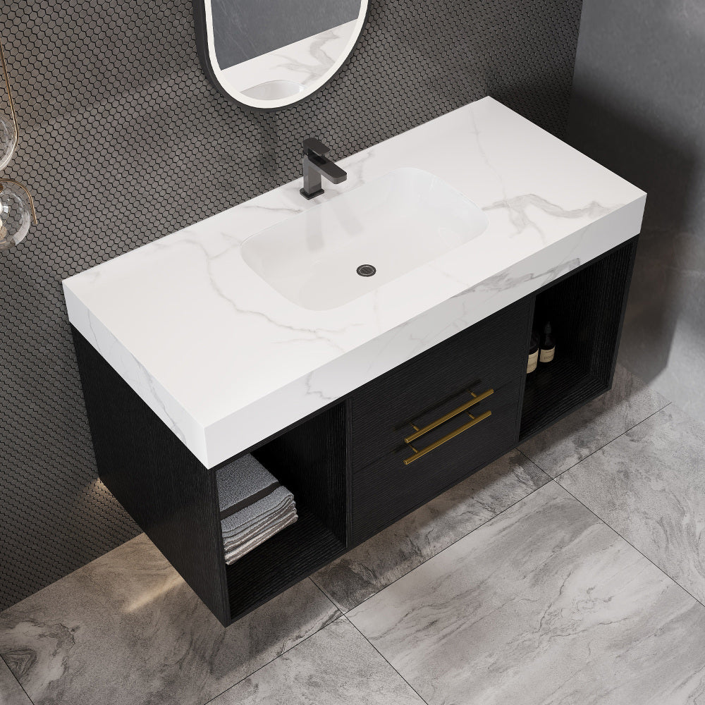 39.4" Bathroom Vanities with Ceramic Sink,Floating Bathroom Vanity,Wall Mounted Storage Cabinet with 2 Drawers and 2 Storage Spaces,Modern Bathroom Sink Cabinet with Metal Handles