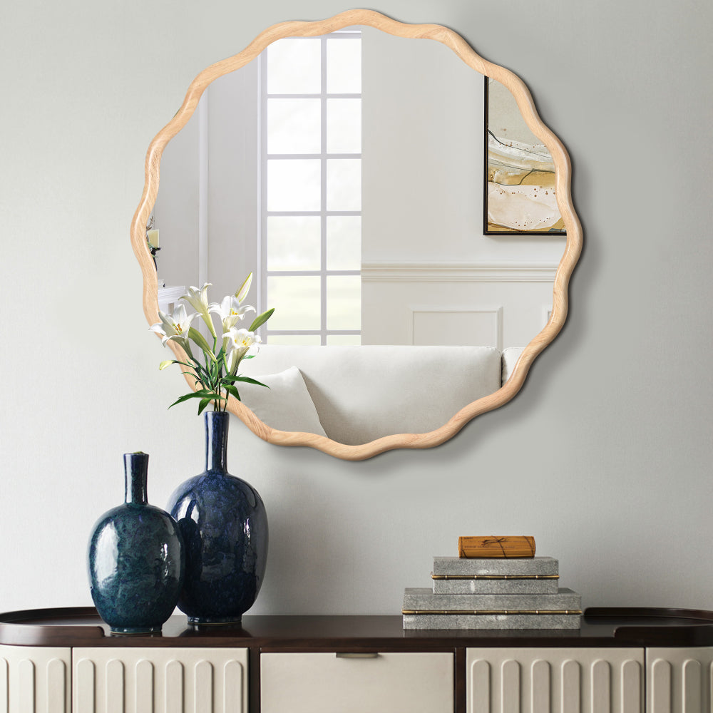 Solid Wood Wavy Mirror--Natural-Wood Vanity Mirror Wall Decor 36" x 36" Modern Mirror Wall Decor for Bathroom, Bedroom, Living Room, Dining Room, Cloakroom, Entryway