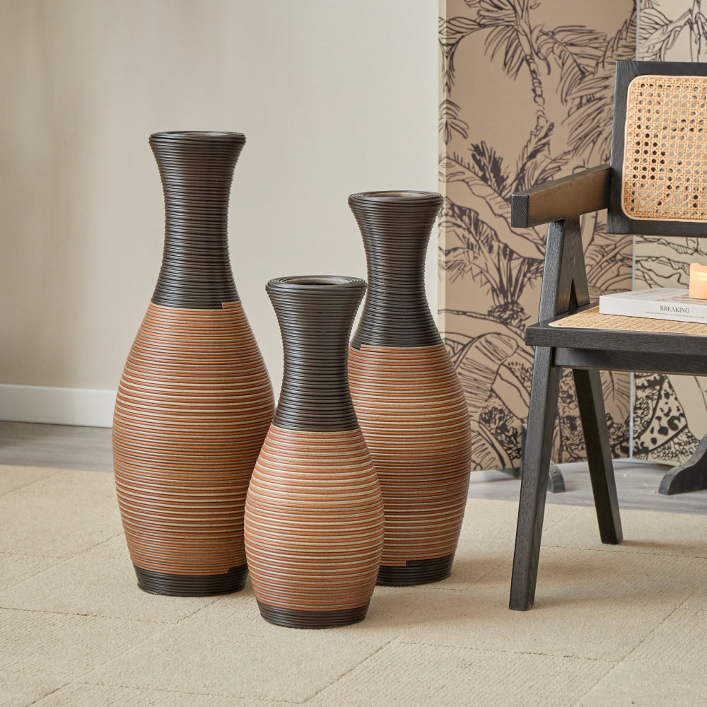Set of 3 designer floor vases, large vases for home decor flooring, artificial rattan floor vases, brown floor vases for living rooms or corridors