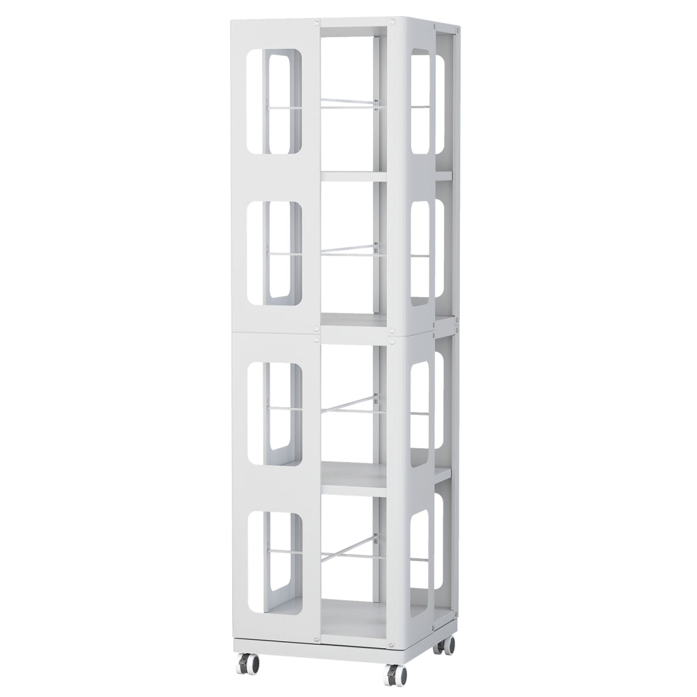 4-Tier All-Steel Rotating Bookshelf with 360° Wheels, Large Size Sturdy & Spacious Book Rack, New Style White Bookshelf,Easy Assembly