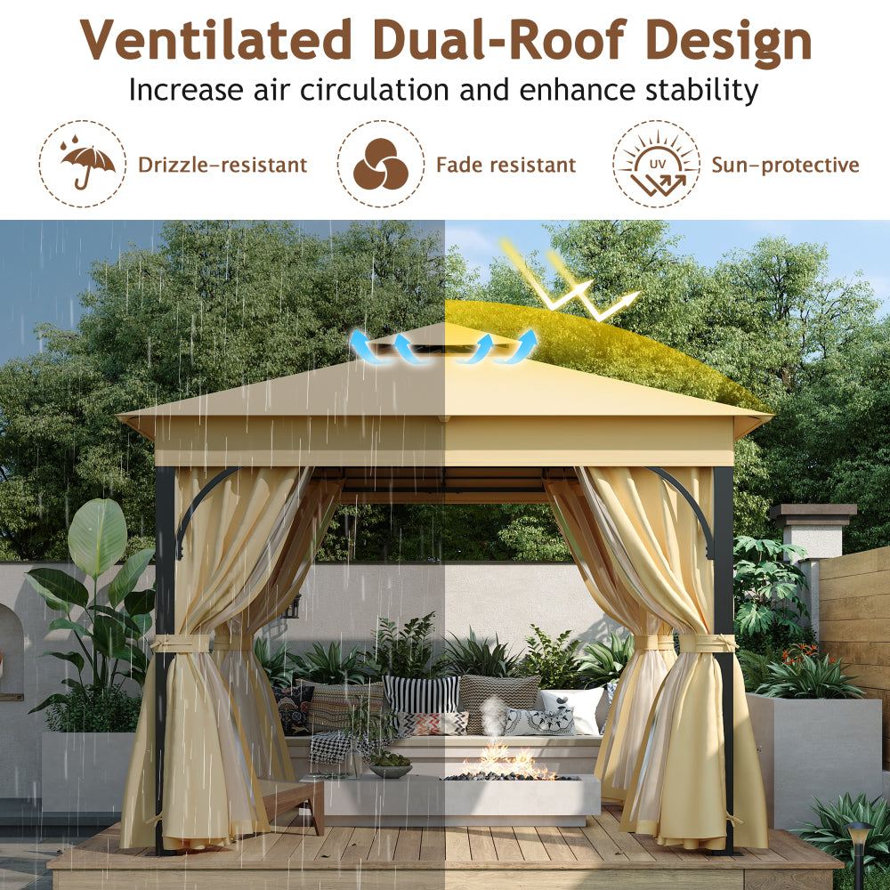 TREXM 10x10 Outdoor Gazebo Tent with Double Roofs, Patio Gazebo with Mosquito Netting and Privacy Screens, Patio Canopy for Shade and Rain for Backyard, Garden, Lawn and Deck (Beige)