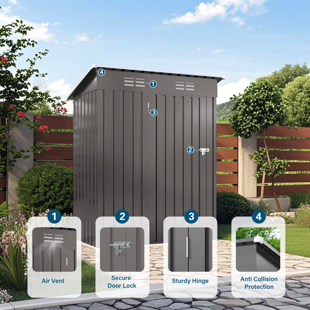 5X3 FT Metal Outdoor Storage Shed, Tool Shed with Pitched Roof and Lockable Door Compact Metal Tool Shed for Garden, Backyard, Patio, Everyday Sundries and Bike Storage, Gray