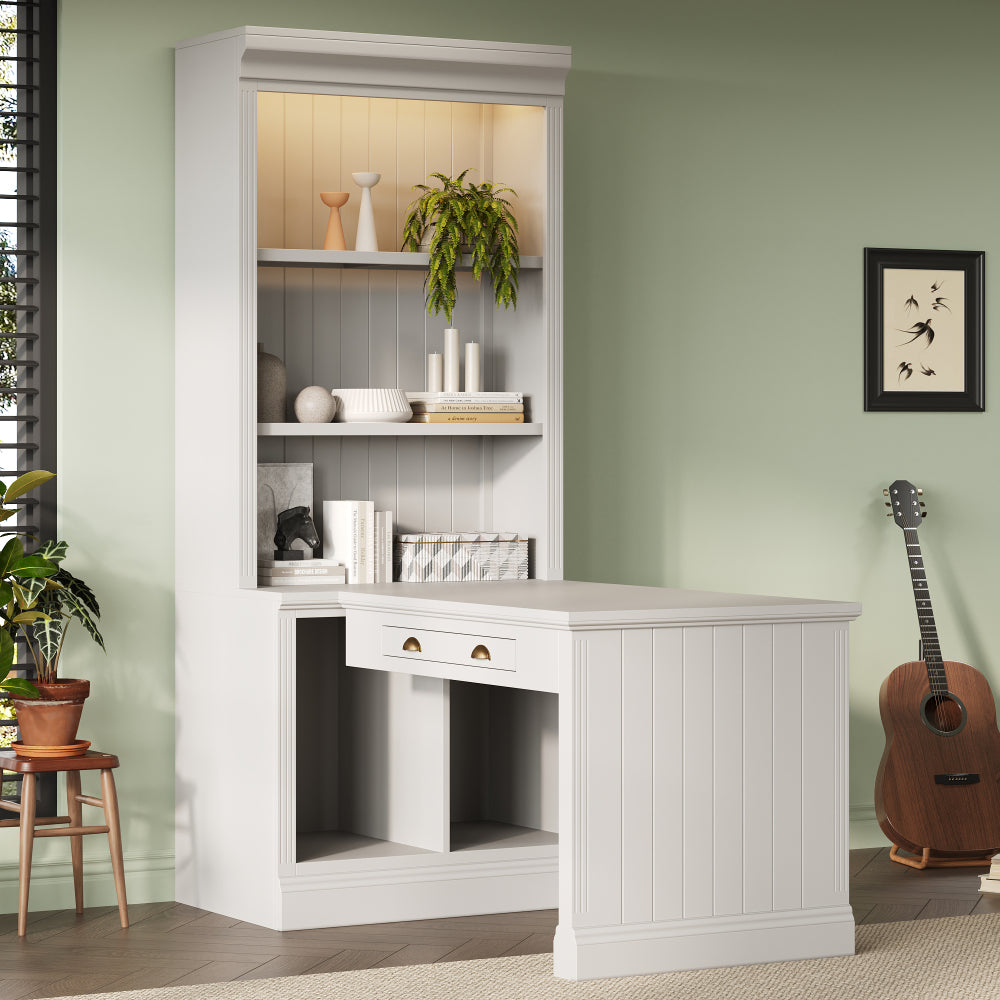 83.4"Tall Bookshelf with Writing Desk, Modern Bookcase with Study Desk, Workstation with Storage Shelf,Storage Bookcase with Open Shelves and LED Lighting for Living Room,Home Office,White