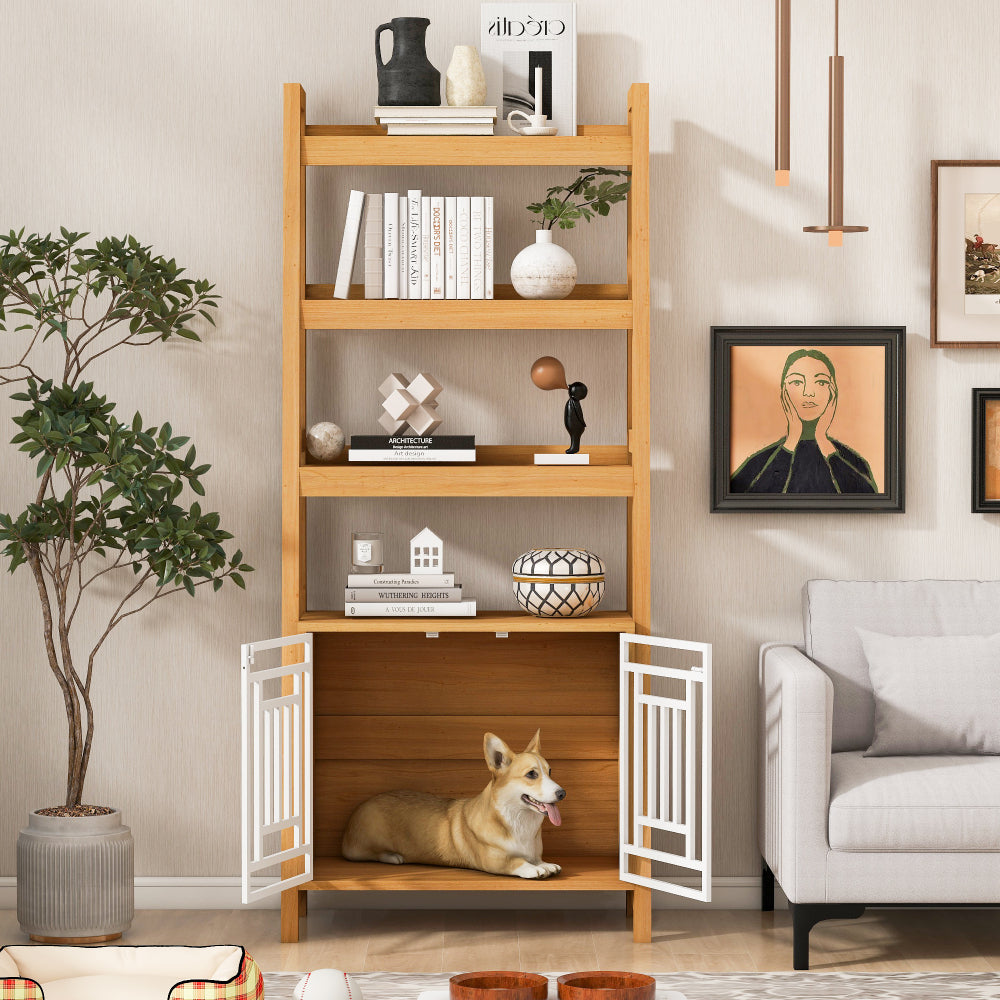 Modern 2 IN 1 Dog Furniture Dog Crate Ladder Bookshelf, Tall Wood Display Shelf  with Storage, Dog Kennel Bookcase