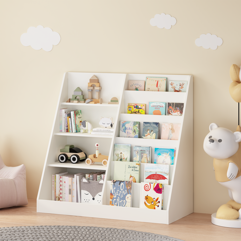 Kids Bookshelf and Toy Storage Organizer, Multifunctional 4 Tier Wooden Kids Book Shelf with  Bookcase Display Stand in Kids Room Playroom Nursery for Kids, Children, Toddlers (White)