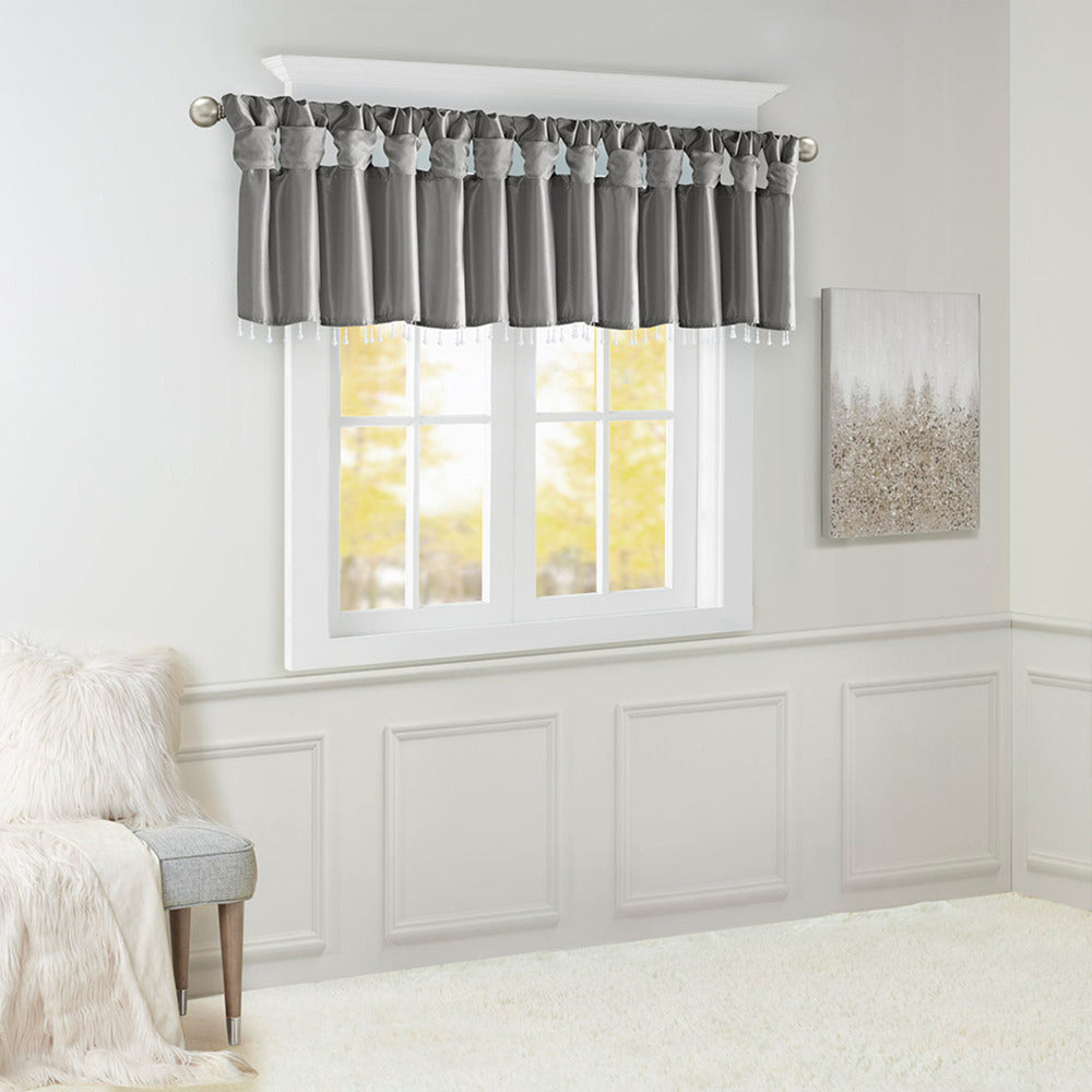 Lightweight Faux Silk Valance With Beads Charcoal 50x26"