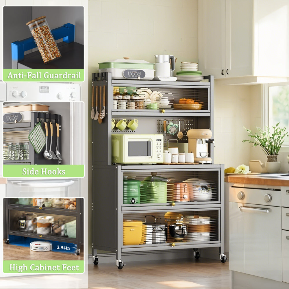 64" Kitchen Pantry Storage Cabinet, 5 Tier Metal Storage Cabinet with Wheels, Transparent Flap Door &  DIY Hole Board , Kitchen Storage Bakers Rack, for Kitchen, Living Room and Dining Room, Gray