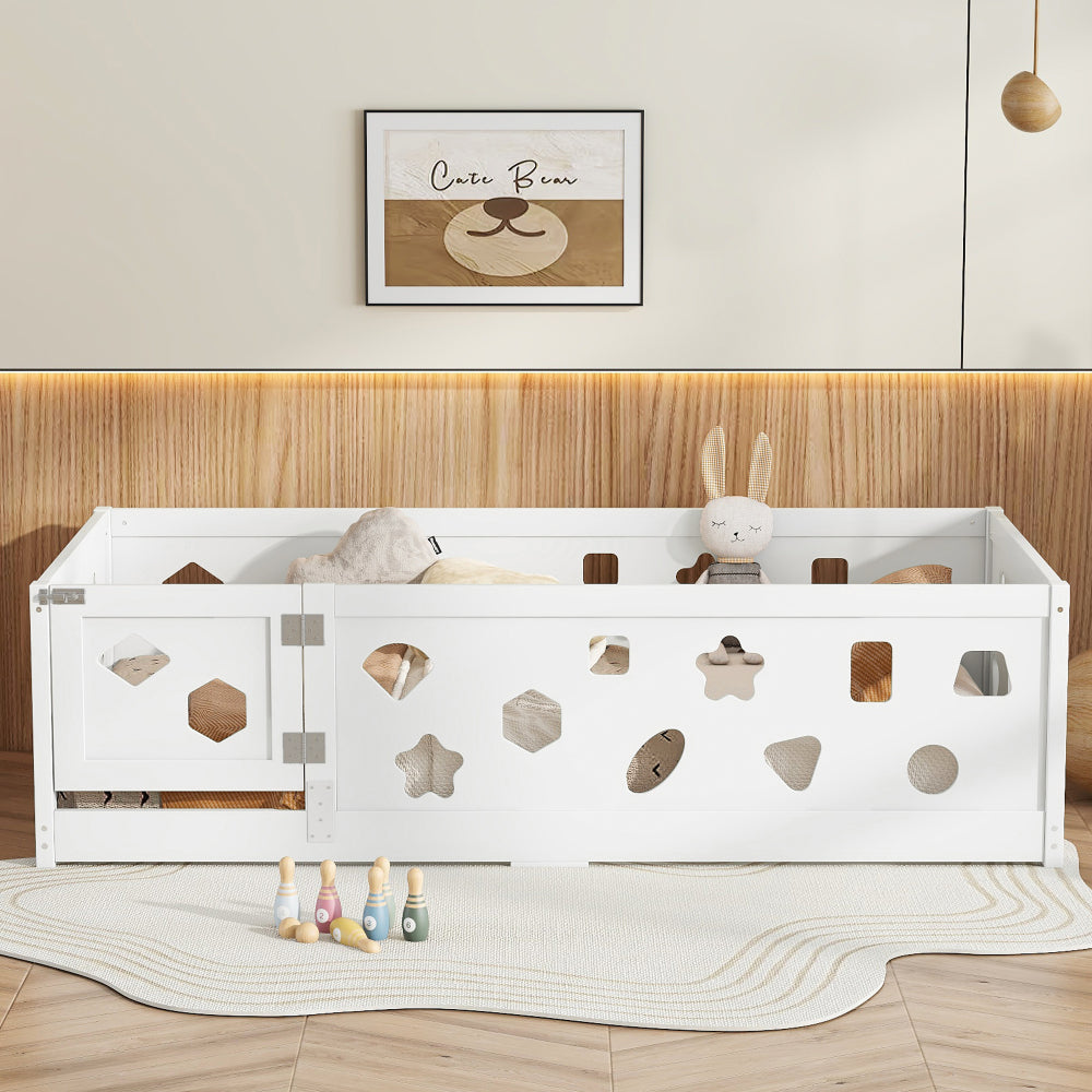 Twin Size Floor Bed with Heightened Safety Guardrails and Door, Solid Wood Bedframe with Rails for Girls, Boys, Teens, Child Bedroom, Kids Playroom, No Slats Included, White