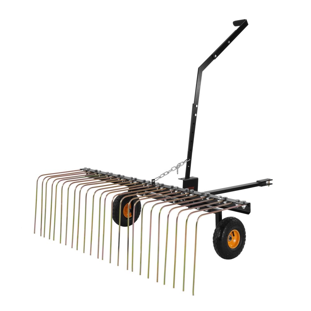 Tow Behind Dethatcher, 60-inch Tow Dethatcher with 24 Steel Tines, Lawn Dethatcher Rake for ATV or Mower, Tow Behind Lawn Rake with Lift Handle for Leaves, Pine Needles, and Grass