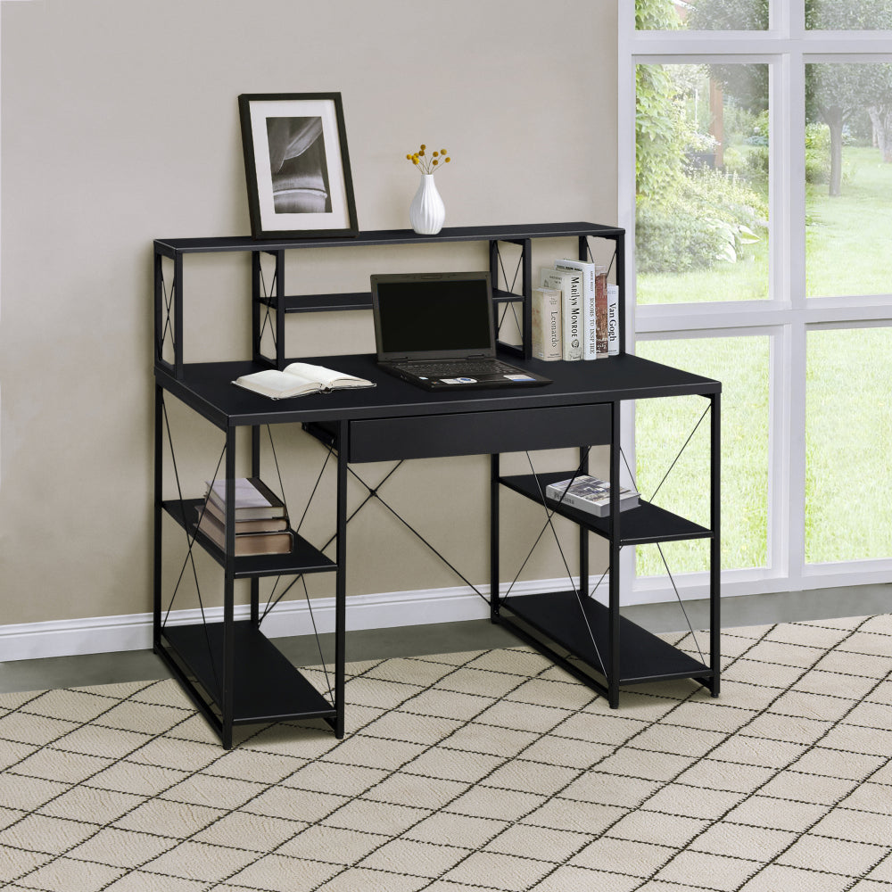 Grey and Black Office Desk with Open Shelves and Hutch