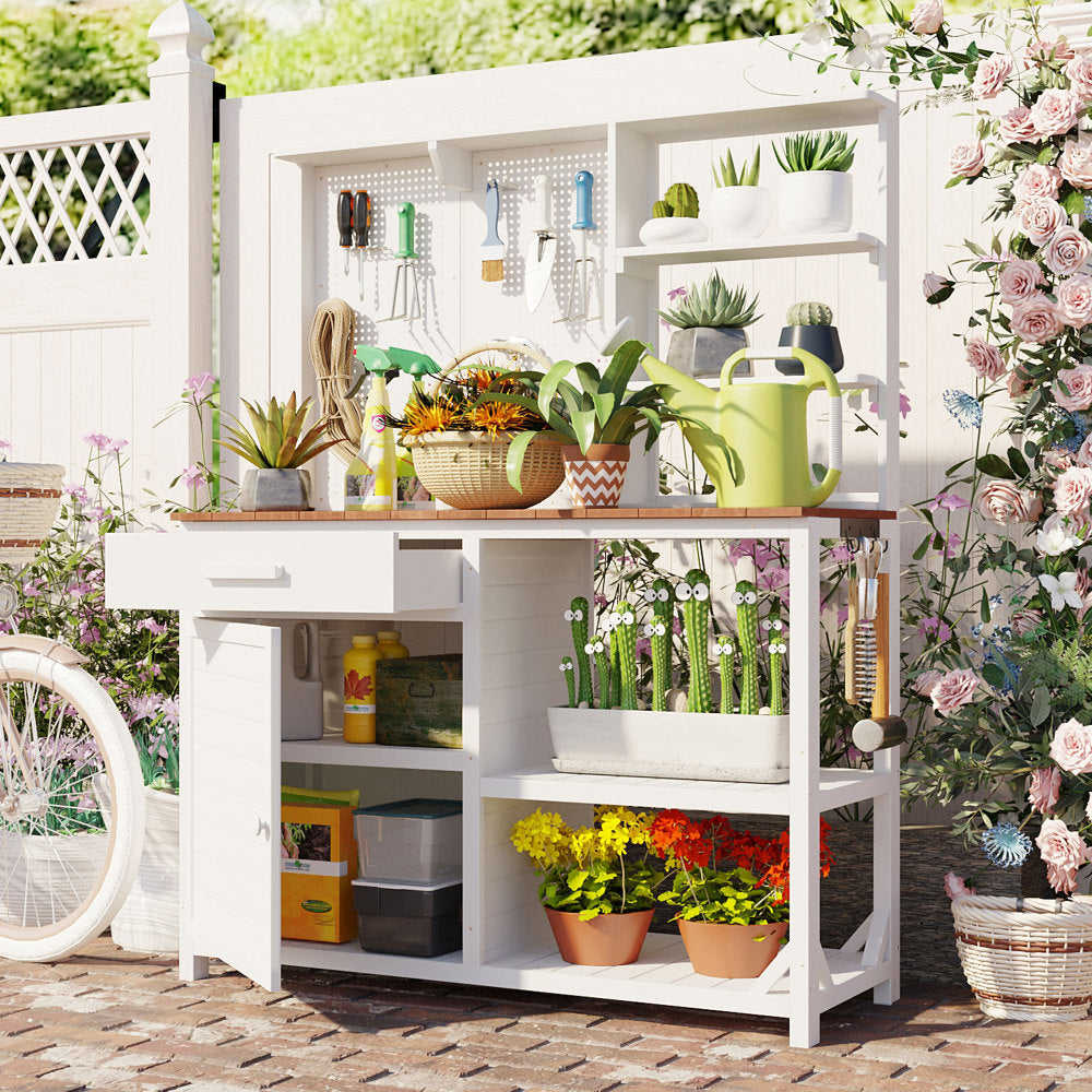 [Assembly Video] TOPMAX Fir Wood Potting Bench with Hutch, Garden Workstation for Planting, 4 Shelves & Adjustable Storage, Pegboard with Hooks, 50.2''Countertop, Drawer & Cabinet, White