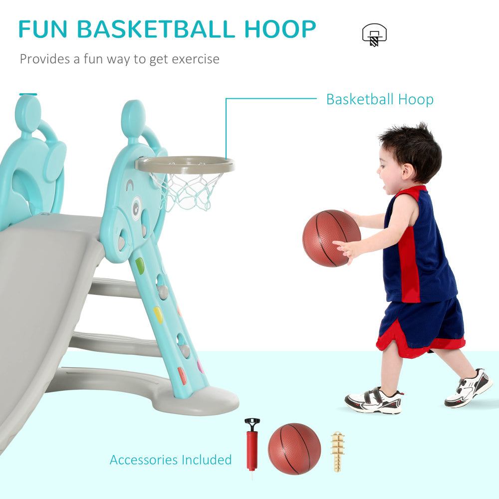 Qaba 2 in 1 Kids Slide with Basketball Hoop, Foldable Toddler Freestanding Slider Playset, for 18 months -4 Years Deer Shaped, Includes Basketball, Pump - Blue