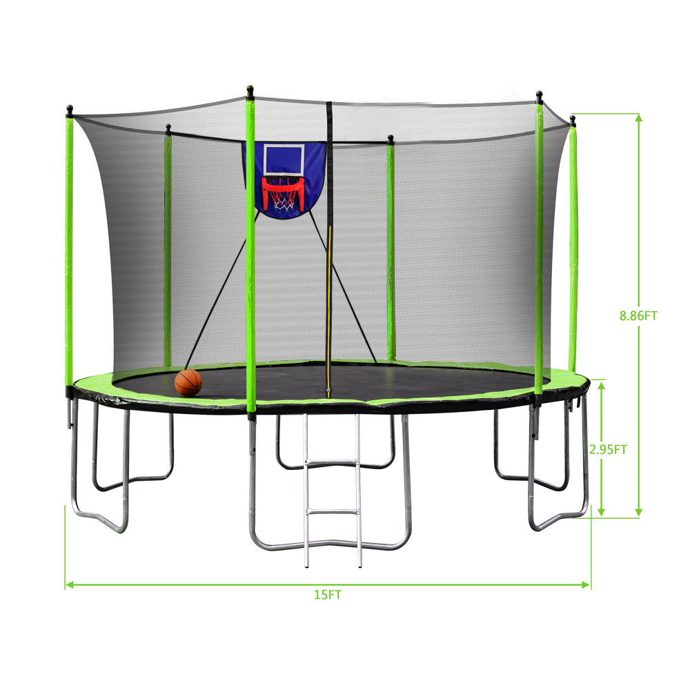 15FT Trampoline with Basketball Hoop Inflator and Ladder, 6pcs safety new pole Sleeves- Green