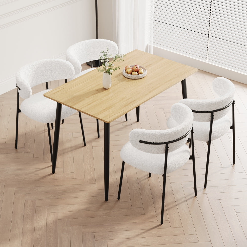 Modern minimalist wood grain tabletop dining table and chair 4-piece set, stylish dining table, kitchen dining table, sturdy and durable, easy to assemble, black metal leg design, suitable for 4-6 peo