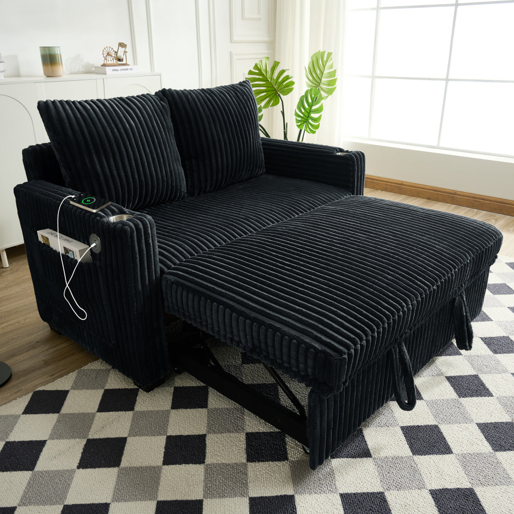 Sleeper Sofa Couch w/Pull Out Bed, Modern Corduroy Convertible Sleeper Sofa Bed, Small Love seat Sofa Bed w/Pillows & Side Pockets for Small Space, Living Room, Apartment,Black