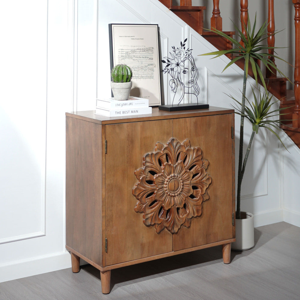 Rustic Hand-Carved Wooden 2-Door Cabinet – Boho Accent Storage Cabinet with Floral Design, Solid Wood Sideboard for Living Room, Entryway, or Bedroom