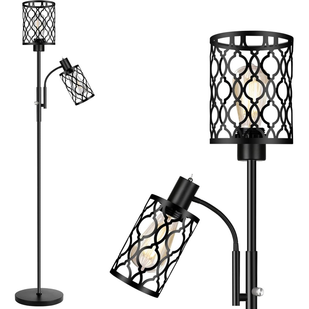72" Farmhouse Floor Lamps for Living room, Black Floor Lamp with Adjustable Reading Lamp, 2-Light Tall Standing Lamps with 2 Edison Bulbs, Industrial Floor Lamps for Bedroom, Office, 6W, Black